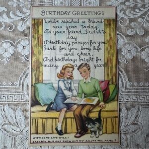 Vintage Birthday Greetings Postcard Children Reading Kitten Religious Verse 1940
